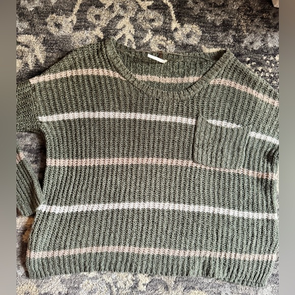 Free People Loose Knit Olive Green Striped Women's Sweater - Picture 5 of 12